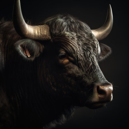 Close-up portrait of a bull. Studio shot on a dark background.の素材