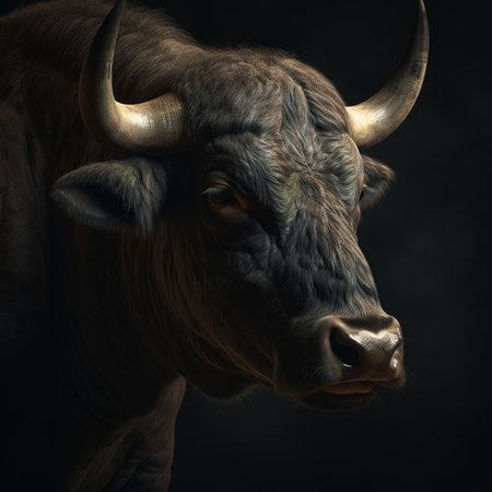 Portrait of a bull on a dark background. Studio shot.の素材