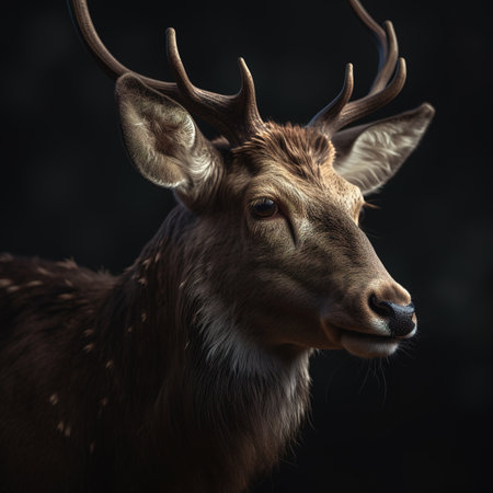 Portrait of a male deer with antlers on a dark backgroundの素材