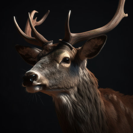 Close-up portrait of a deer with antlers on black backgroundの素材