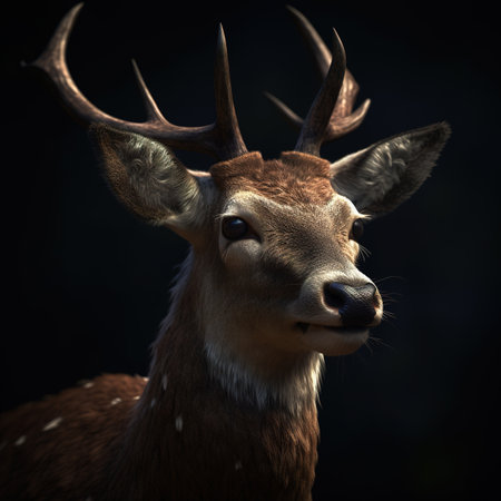 Close-up portrait of a deer with antlers on a black backgroundの素材