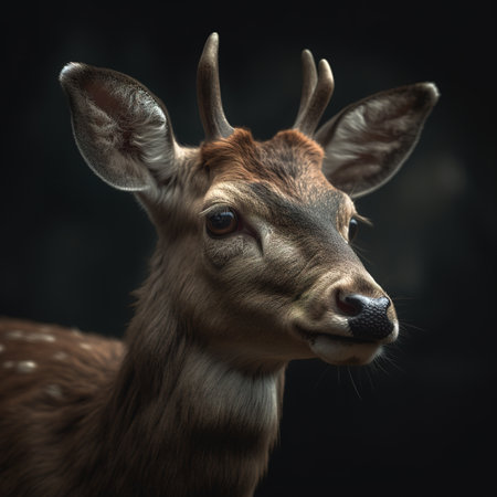 Portrait of a young deer on a dark background. Studio shot.の素材