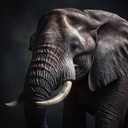 Portrait of an elephant on a black background. Toned.の素材