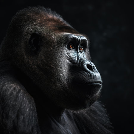 Portrait of a gorilla on a dark background. Studio shot.の素材