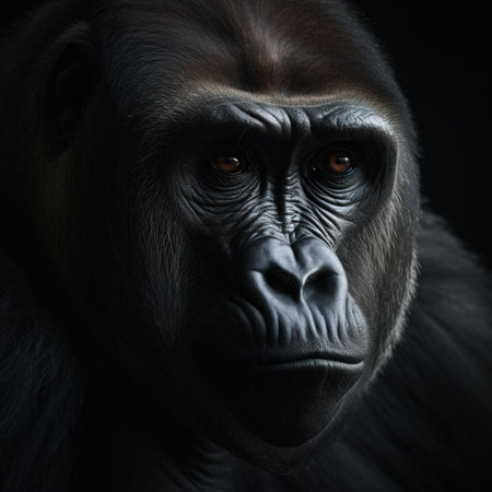 Portrait of a gorilla in the dark. Studio shot. Black background.の素材
