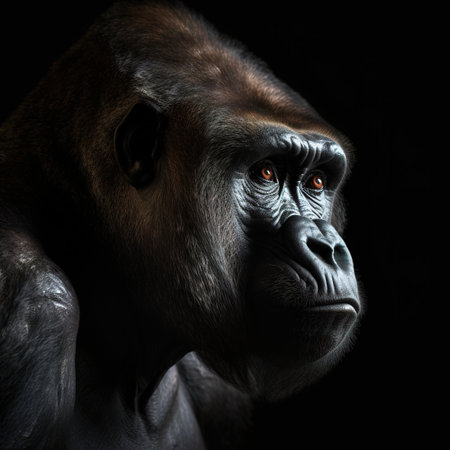 Portrait of a gorilla on a dark background. Studio shot.の素材