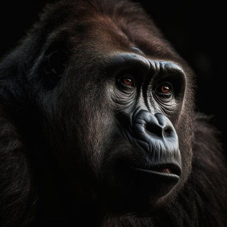 Portrait of a gorilla in a dark background. Studio shot.の素材