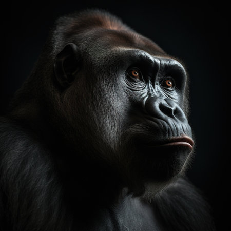 Portrait of a gorilla on a dark background. Studio shot.の素材
