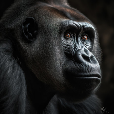Portrait of a gorilla in a dark environment. Studio shot.の素材