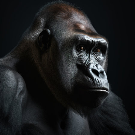 Portrait of a gorilla on a dark background. Studio shot.の素材