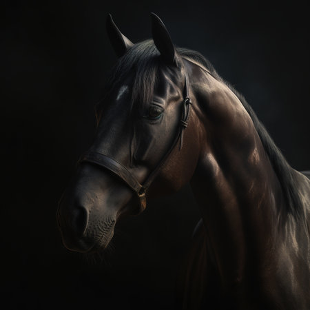 portrait of a bay horse on a black background in the studioの素材