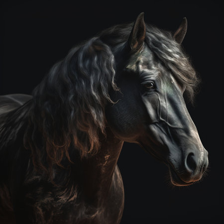 Portrait of a bay horse on a black background in the studioの素材