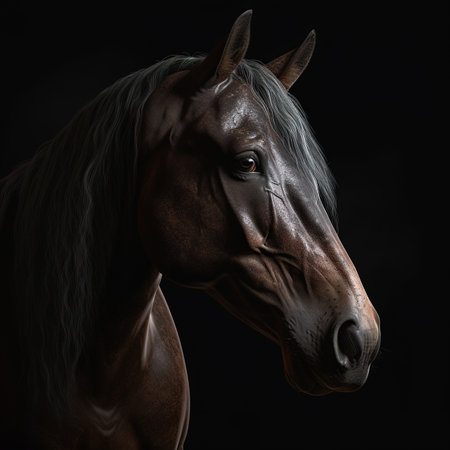 Portrait of a bay horse on a black background in the studioの素材