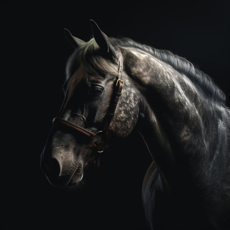 Portrait of a bay horse on a black background. Studio shot.の素材