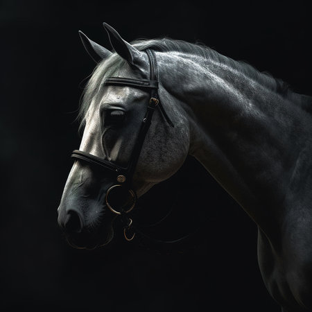 Portrait of a horse on a black background. Studio shot.の素材