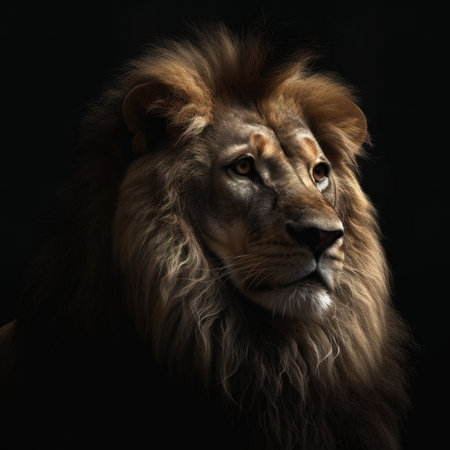 Portrait of a lion on a black background in a photo studioの素材