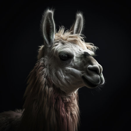 Portrait of an alpaca on a black background in studioの素材