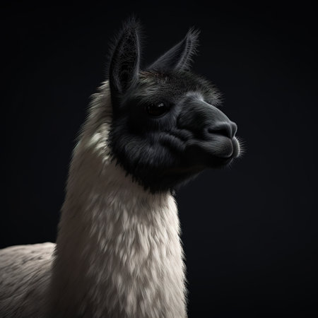 Black and white llama portrait on black background.  illustrationの素材