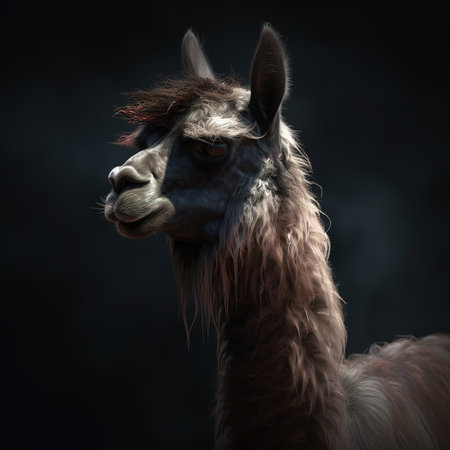 Portrait of an alpaca on a dark background.の素材