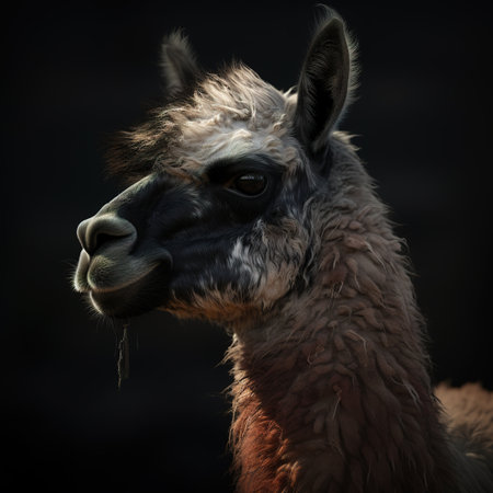 Portrait of an alpaca on a dark background. Close-up.の素材