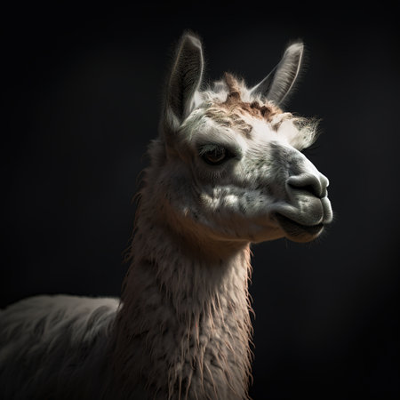 Portrait of an alpaca on a black background. Close-up.の素材