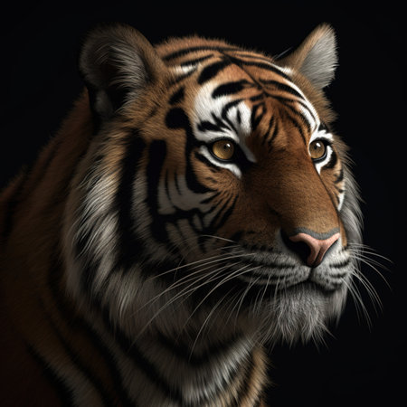 Close-up portrait of a tiger on a black background.の素材