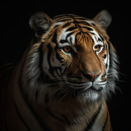 Close-up portrait of a tiger on a dark background. Studio shot.の素材