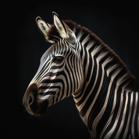 Portrait of a zebra on a black background. Studio shot.の素材