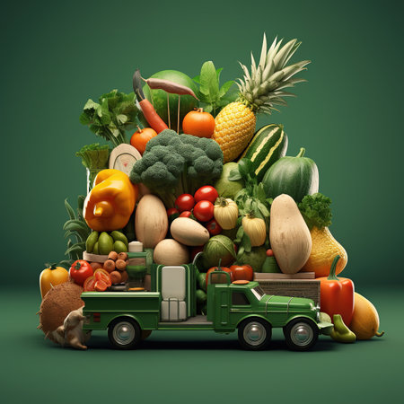 Vegetables and fruits in a truck. Fruit on classic truck harvest Various types of vegetablesの素材