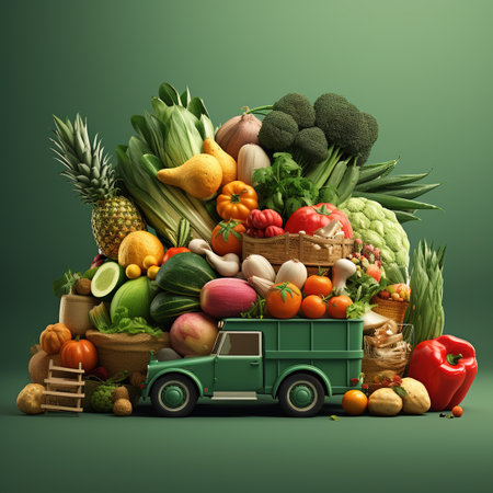 Vegetables and fruits in a truck. Fruit on classic truck harvest Various types of vegetablesの素材