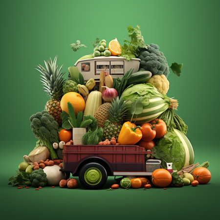 Fruit and vegetables in a truck on a green background.Fruit on classic truck harvest Various types of vegetablesの素材