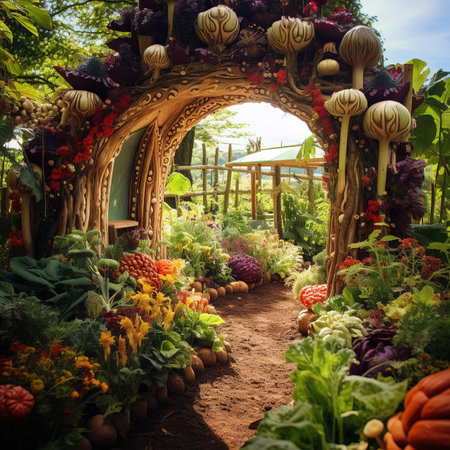 Autumn garden with pumpkins, carrots and other vegetables in a decorative archの素材