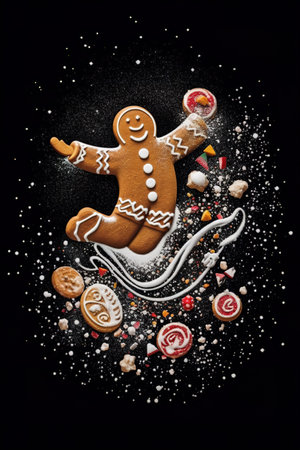 Gingerbread man and candies on black background with falling snowの素材