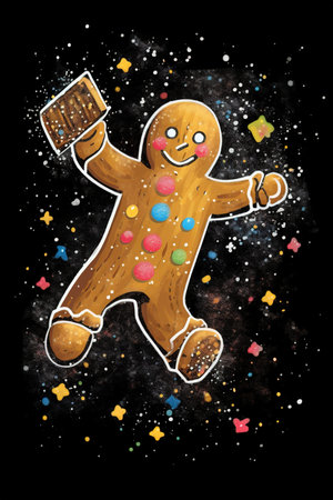 Gingerbread man on a black background with confetti. illustration.の素材