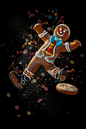 Gingerbread man with falling confetti on a black background.の素材