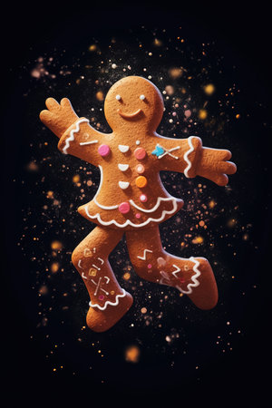 Gingerbread man on a black background with sparkles and starsの素材