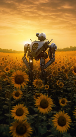 Robot in sunflower field at sunset. Concept of artificial intelligence.の素材