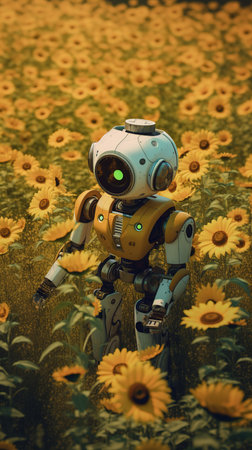 Retro robot on the field of sunflowers. 3d renderingの素材