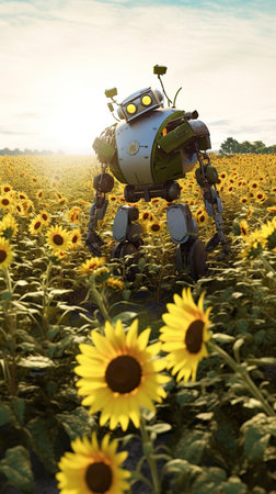 robot with sunflowers in the field at sunsetの素材