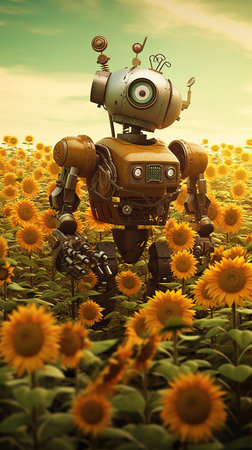3d rendering of an old robot in the field of sunflowersの素材