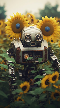 Vintage robot with sunflowers in a field of sunflowersの素材