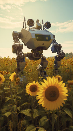 3d rendering of a robot in a field of sunflowersの素材