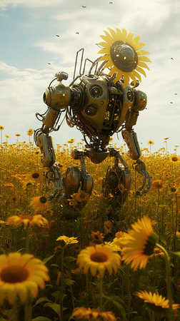 a robot in a field of sunflowersの素材