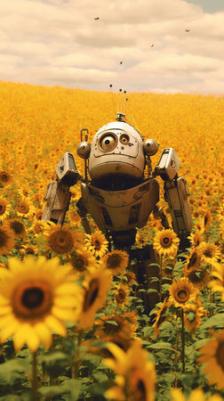 robot in a field of sunflowers. 3d renderの素材