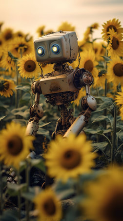 Vintage robot with sunflowers in the field at sunset.の素材