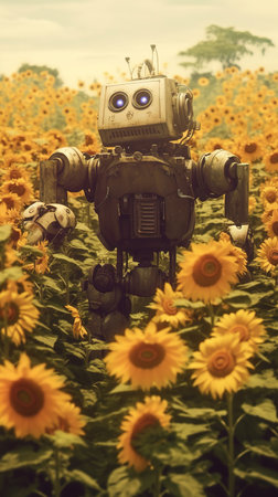 Vintage robot with sunflowers in the field, retro styleの素材