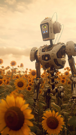 Retro robot with sunflowers on a field of sunflowersの素材