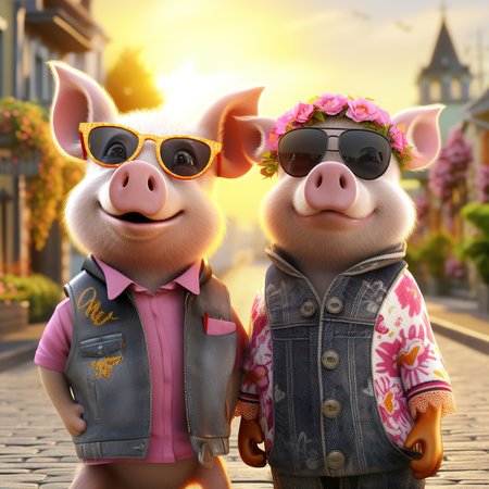 Two cute pigs in sunglasses on the street of the old town.の素材