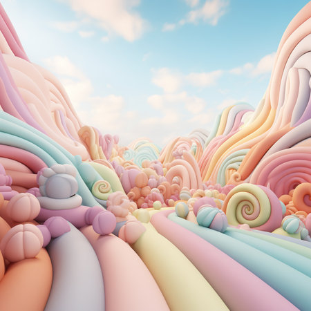 Abstract 3d illustration of colorful waves with clouds in the sky.の素材