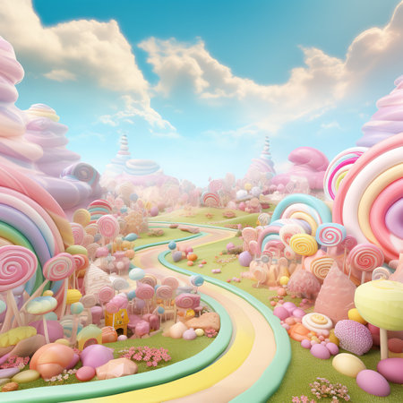 3D rendering of a fantasy land with lollipops and candyの素材